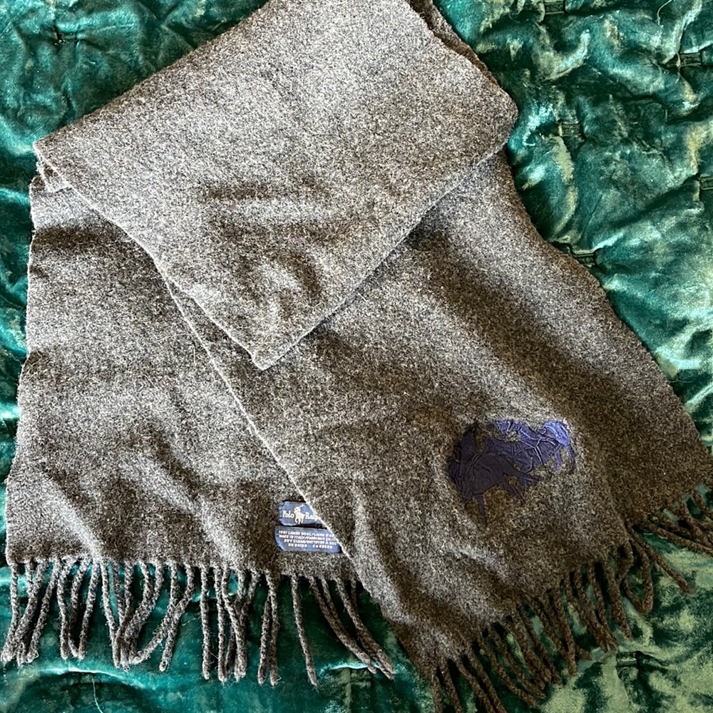 RALPH LAUREN Gray Wool Scarf Black Polo Pony NWT